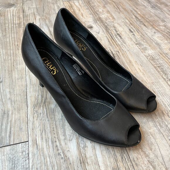 Chaps Vintage Heels Women's 9 Addney Genuine Leather Peep Toe Black 90s - Picture 4 of 10